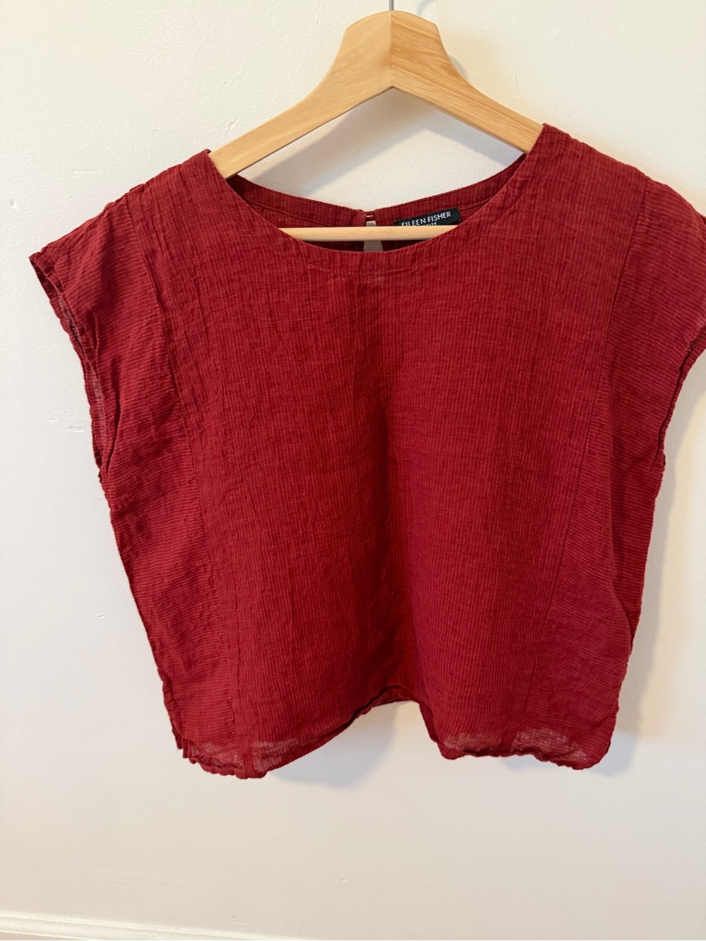 Eileen Fisher Madder Red Textured Linen-Blend Cap Sleeve Top